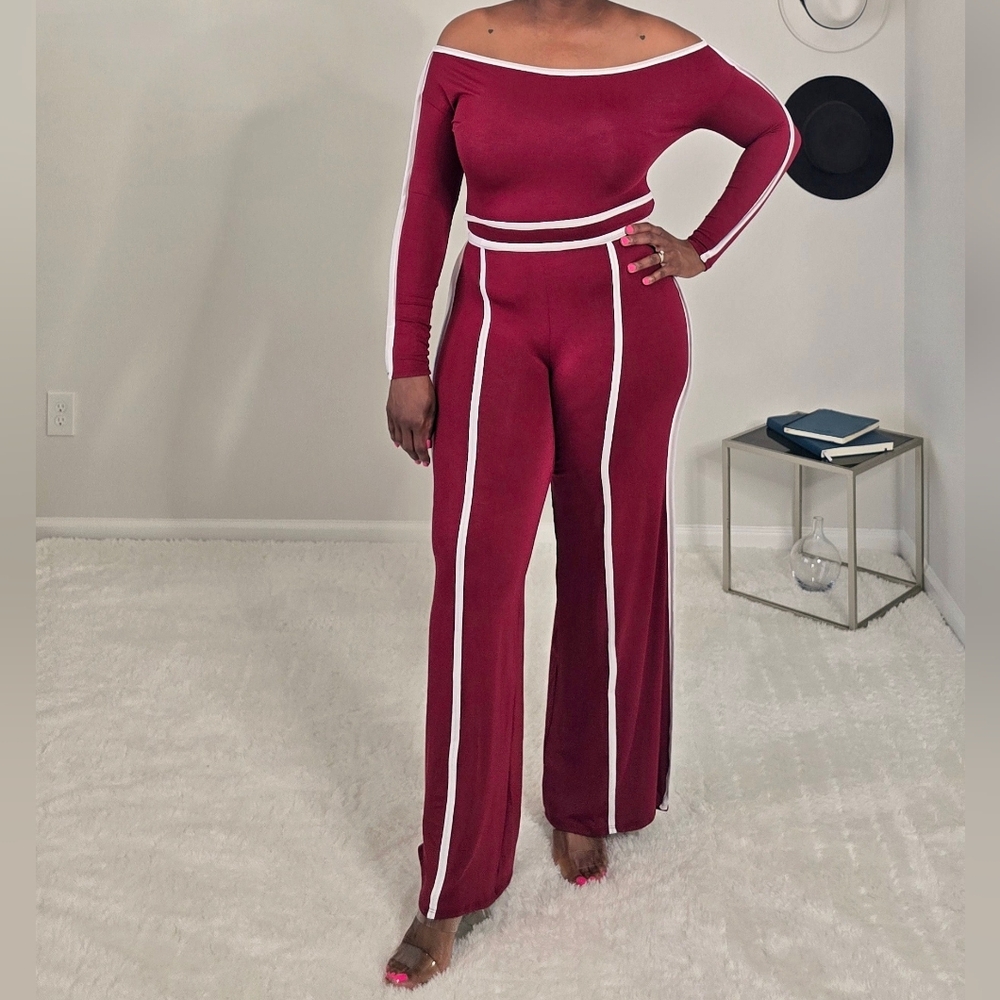 Burgundy Off Shoulder Wide Leg 2 Piece Set | White Piping |
